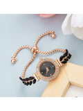 Shein - New Fashion Casual Women's Bracelet Watch With Cute Round Dial & Rhinestone Crystal, Leaf & Feather Strap, Alloy Quartz Wristwatch Gift