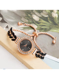 Shein - New Fashion Casual Women's Bracelet Watch With Cute Round Dial & Rhinestone Crystal, Leaf & Feather Strap, Alloy Quartz Wristwatch Gift