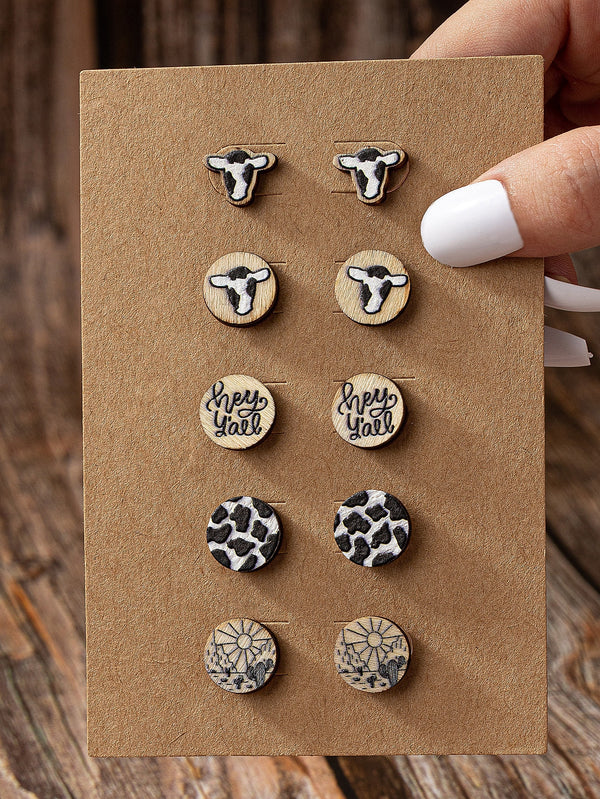 Shein - 5 Pairs Wood Cow Cattle Head Cactus Cowboy Western Stud Earrings Set