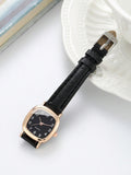 Shein - 1pc Black PU Polyurethane Strap Fashionable Letter Detail Square Dial Quartz Watch & 1pc Heart Decor Bracelet, For Daily Decoration