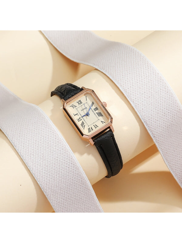 Shein - Minimalist Rectangular Faux Leather Strap Watch