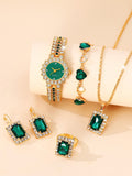 Shein - 1pc Women's Green Dial & Full Rhinestone Decor Stainless Steel Strap Quartz Watch, And 5pcs Green Square Gemstone & Full Rhinestone Decor Jewelry Set