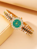 Shein - 1pc Women's Green Dial & Full Rhinestone Decor Stainless Steel Strap Quartz Watch, And 5pcs Green Square Gemstone & Full Rhinestone Decor Jewelry Set