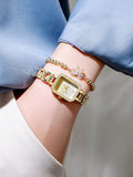 Shein - 1pc Women's Fashionable Square Quartz Watch With Small Rhinestones & 1pc Bracelet