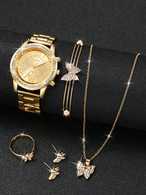 Shein - Women's Stainless Steel Band Fashionable Rhinestone Decorated Roman Dial Quartz Watch + Jewelry Set (6pcs/set)