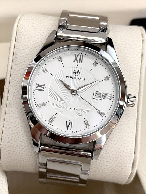 Shein - 1pc Men's Luxurious Style Wristwatch, Silver Stainless Steel Case, White Roman Numeral Dial With Rhinestone Watch