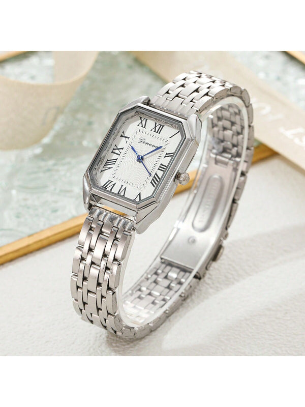 Shein - 1pc Niche Luxurious Square Shaped Ladies' Watch, Simple & Elegant Style With Quartz Mov't And Steel Strap