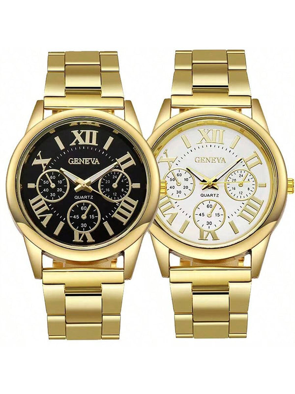 Shein - 2PCS Fashion Couple Set Watches Luxury Men Women Business Casual  Quartz Watch Simple  Wristwatch  Stainless Steel Strap Lover's Watch Gifts