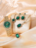 Shein - 1pc Women's Green Dial & Full Rhinestone Decor Stainless Steel Strap Quartz Watch, And 5pcs Green Square Gemstone & Full Rhinestone Decor Jewelry Set