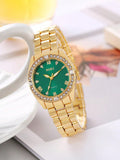 Shein - 1pc Women's Green Dial & Full Rhinestone Decor Stainless Steel Strap Quartz Watch, And 5pcs Green Square Gemstone & Full Rhinestone Decor Jewelry Set