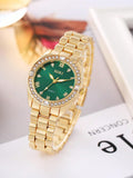 Shein - 1pc Women's Green Dial & Full Rhinestone Decor Stainless Steel Strap Quartz Watch, And 5pcs Green Square Gemstone & Full Rhinestone Decor Jewelry Set