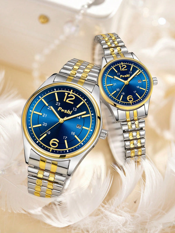 Shein - 1pair Casual Waterproof Calendar Quartz Wristwatch With Elastic Band For Couples