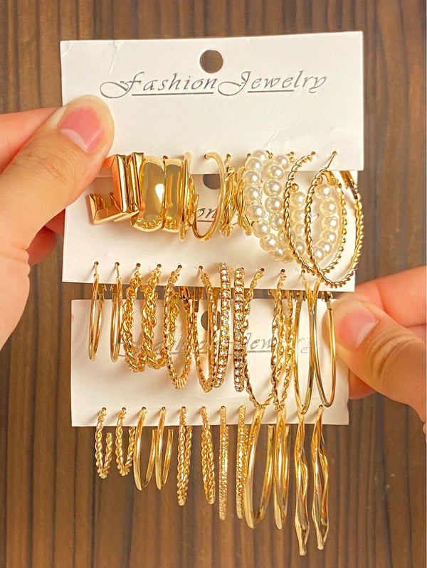 Shein - 18pairs Simple & Fashionable Casual Vintage Design C Shaped Twist & Faux Pearl Decor Earrings