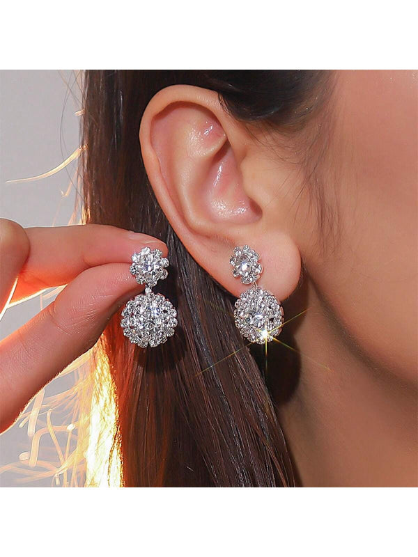 Shein - 1pair Simple Sparkling Full Rhinestone Floral Design Earrings, Suitable For Women's Daily, Party And Nightclub