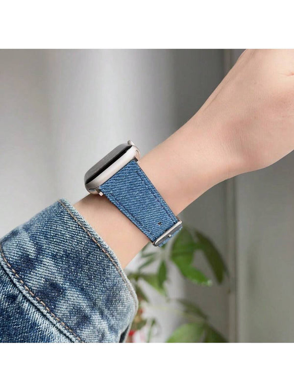 Shein - 1pc Cowhide Leather & Denim Fabric Watch Band For Apple Watch Series 9/se/6/5