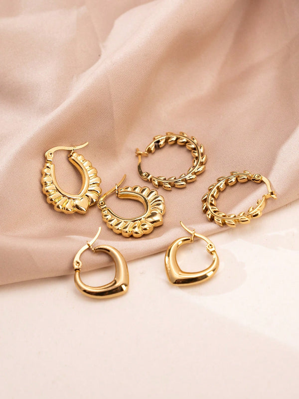 Shein - 6pcs/set Vintage Stainless Steel Wheat Spike & Heart Design Earrings