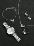 Shein - Women's Stainless Steel Strap Fashionable Minimalist Small Dial Quartz Watch + Heart Shaped Jewelry Set (6pcs/set)