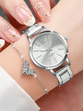 Shein - Women's Stainless Steel Strap Fashionable Minimalist Small Dial Quartz Watch + Heart Shaped Jewelry Set (6pcs/set)