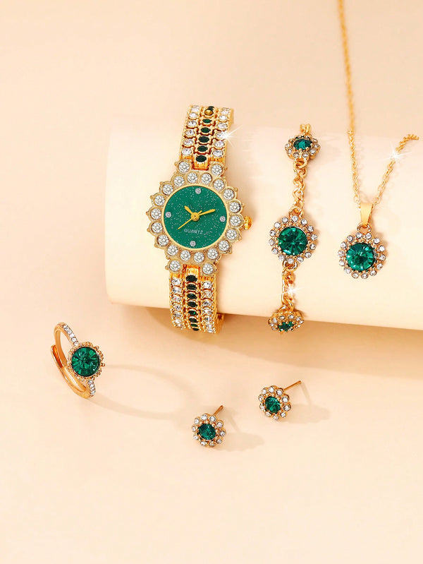 Shein - 6pcs/set Ladies' Green Luxurious Full Rhinestone Quartz Watch And Bracelet Jewelry Set