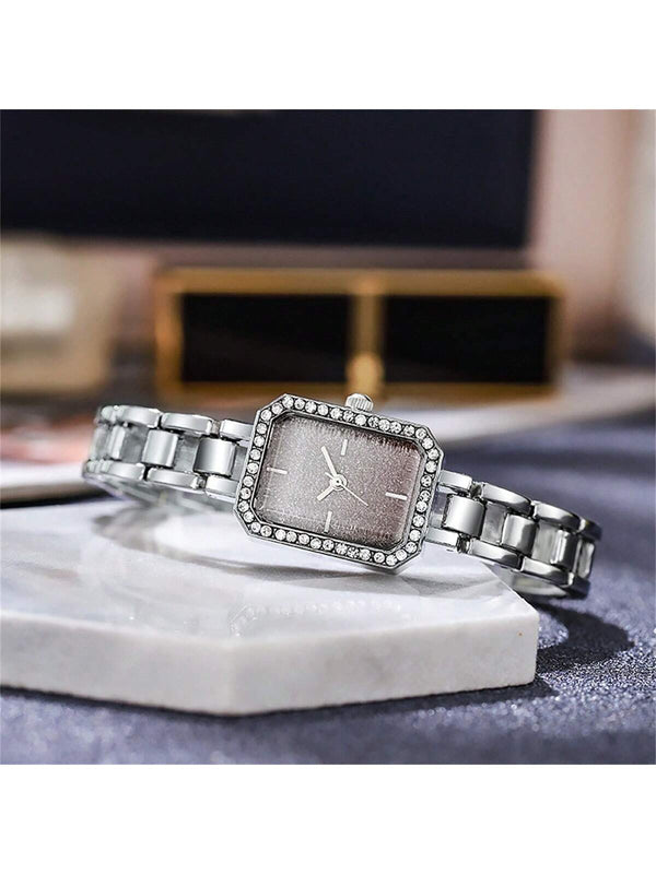 Shein - New Fashion 1pc Women's Watch With Rhinestone Decor Square Dial Quartz Wristwatch