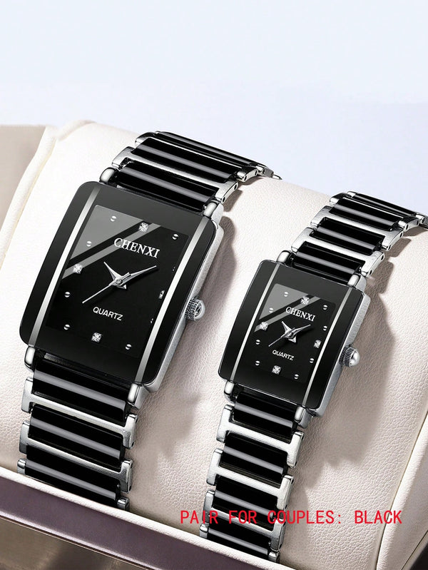 Shein - 2pcs/pair Ceramic Square Couple Watch, Alloy Dial Quartz Wristwatch, Men Women Matching