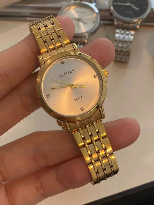 Shein - Latest Korean Style Women's Watch, Gold & White Dial, Waterproof, Stainless Steel Strap, Fashionable & Casual Quartz Wristwatch