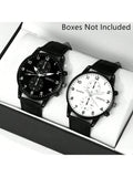 Shein - 1pair Couple's Quartz Watches With Pu Leather Strap For Men And Women