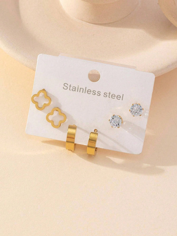 Shein - 3pairs/set Cubic Zirconia & Flower Decor Earrings