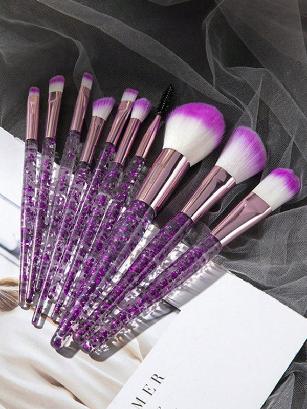 Shein - 10pcs Clear Crystal & Flowing Sand Makeup Brush Set, Including Eyeshadow Brush, Blush Brush, Loose Powder Brush