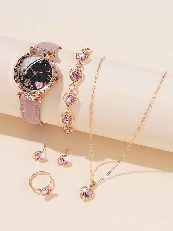 Shein - 6pcs/Set Women's Fashionable Simple Pink Pu Strap Watch With Floral Print Scale Quartz Watch + Pink Rhinestone Decor Watch Accessory Set