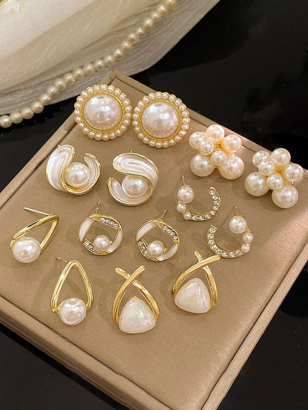 Shein - 14pcs Luxury Vintage Imitation Pearl Earrings Set Designer Fashion Rhinestone Earrings Flower Earrings Set Suitable For Women Daily Holiday Party Wear Valentine's Day Gift