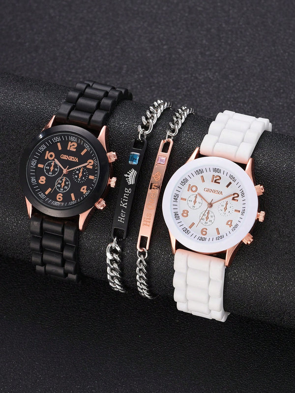 Shein - 4pcs Geneva Black & White Silicone Watch Band Couple Watch Set With Metal Chain Bracelet