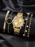 Shein - 1pc Rhinestone Decor Quartz Watch & 4pcs Bracelet