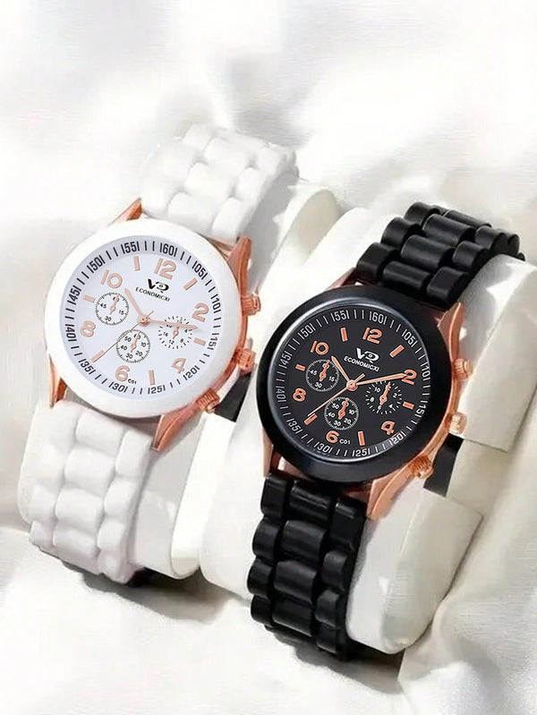 Shein - 2pcs/Set Couple Fashion Pointer Type Quartz Wristwatch With Silicone Strap