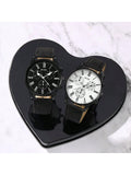 Shein - 1pair Couple's Quartz Watches With Pu Leather Strap For Men And Women