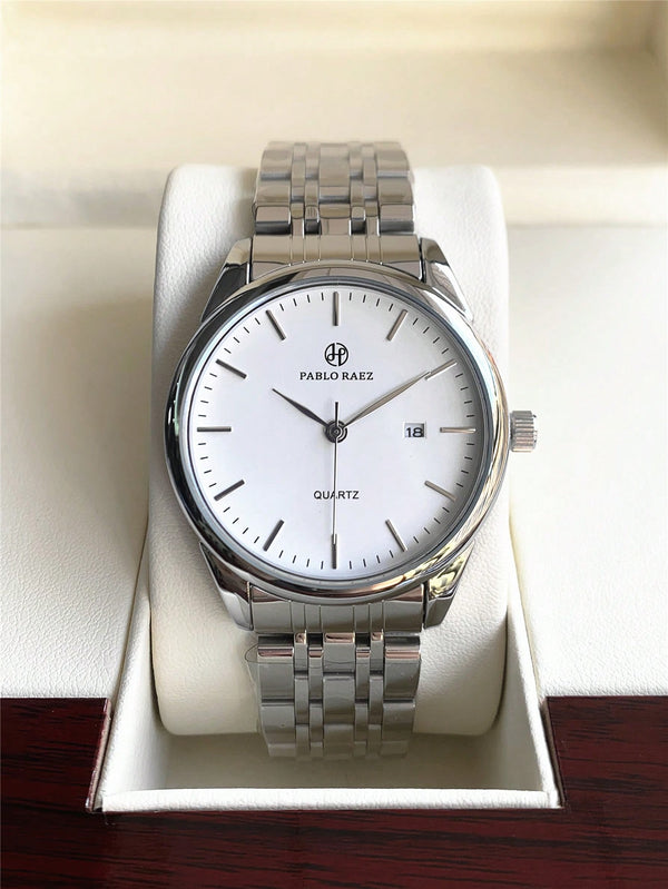 Shein - 1pc Men's Elegant Watch With Simple White Dial, Metal Indices, Calendar, Silver Stainless watch