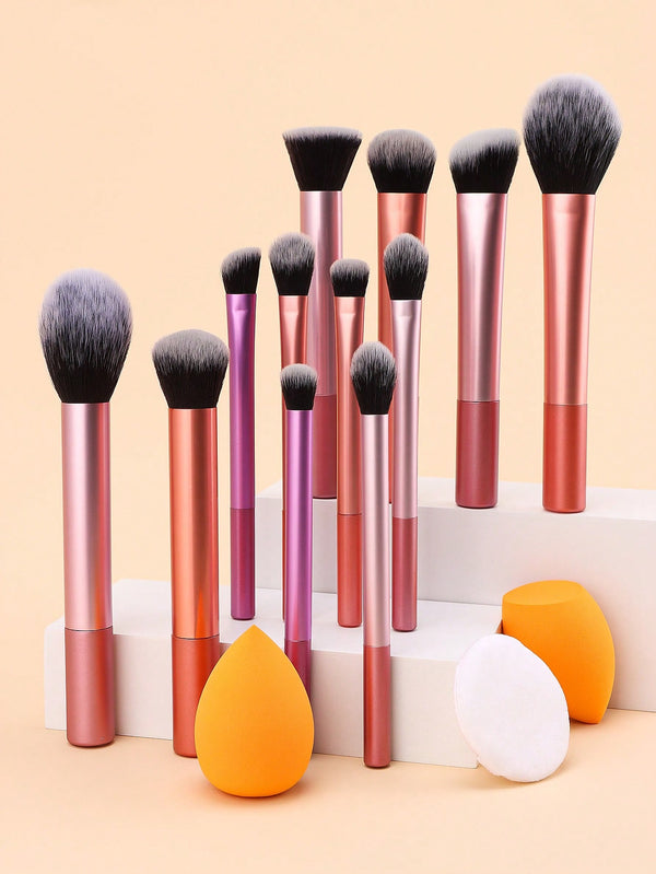 Shein - 12pcs Makeup Brush Set Including Powder Brush, Blush Brush, Concealer Brush, Eyeshadow Brush & 2 Orange Makeup Sponges & 1 White Powder Puff, Suitable For All Skin Types