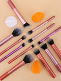 Shein - 12pcs Makeup Brush Set Including Powder Brush, Blush Brush, Concealer Brush, Eyeshadow Brush & 2 Orange Makeup Sponges & 1 White Powder Puff, Suitable For All Skin Types