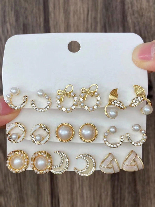 Shein - 9pairs/Set Bow & Fish Tail Shaped Pearl Earrings