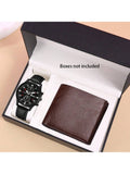 Shein - 2pcs/Set Men's Quartz Watch With Dual Dials And Pu Strap, Matched With Fashionable Bifold Wallet Without Box