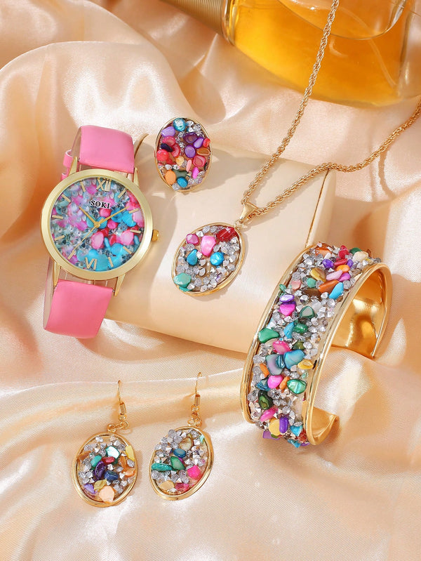 Shein - 6pcs/Set Multicolor Rhinestone & Crushed Stone Inlaid Exaggerated Personality Fashionable Metal Necklace Kit & 1pc Women's Casual Quarts Wrist Watch With Pu Band Suit For Daily And Festival Dressing Up