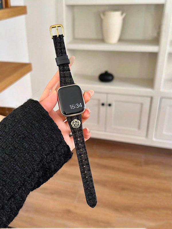 Shein - 1pc Black Wool Fancy Leather Strap For Apple Watch Ultra/Se/8/7/6/5/4/3/2/1 (38/40/41/42/44/45/49mm)