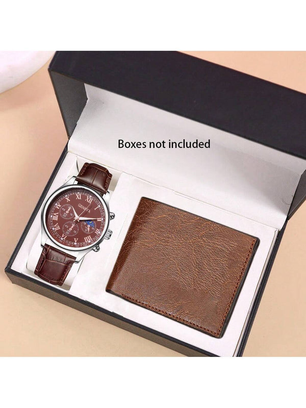 Shein - 2pcs/Set Men's Pu Strap Three Eye Roman Dial Casual Business Quartz Watch And Fashion Layered Wallet Without Box