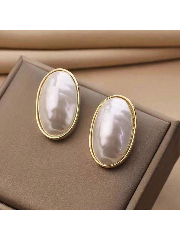 Shein - 1pair Fashionable French Style Faux Pearl Earrings, Vintage European And American Ellipse Shaped Stud Earrings, Exaggerated And Magnificent Earrings For Girls' Daily Wear