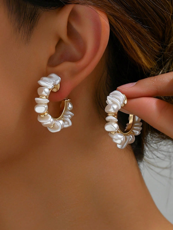 Shein - 2pcs/Set Fashionable Ins Style Diy Handmade Braided Baroque Pearls & Shell Pieces Jewelry White Otic C-Shaped Earrings For Women, Suitable For Daily, Dress, Beach Party, Banquet Wearing