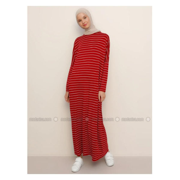 Modanisa- Maroon - Stripe - Crew neck - Unlined - Viscose - Dress- Standard Size