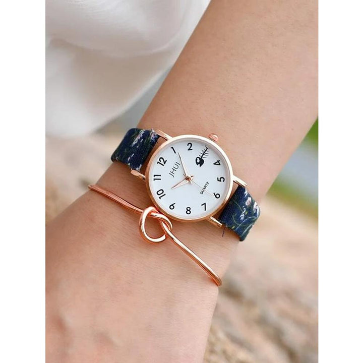 Shein- 1pc Round Pointer Quartz Watch & 1pc Bracelet- Blue