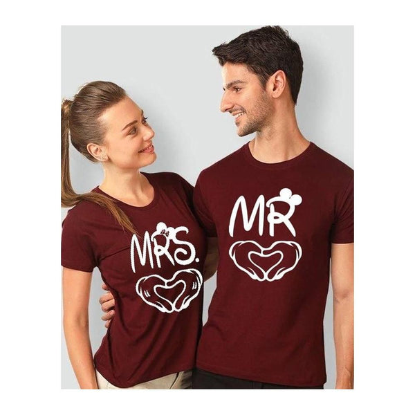 Wf Store- Pack Of 2 MRS. MR Printed Half Sleeves Tee - Maroon