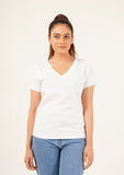 Nine90nine- V Neck Round Hem T-Shirt - White