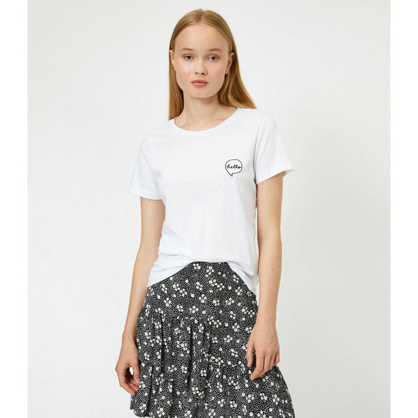 Koton- Cotton Short Sleeve Crew Neck Letter Embellished T-Shirt - Ecru